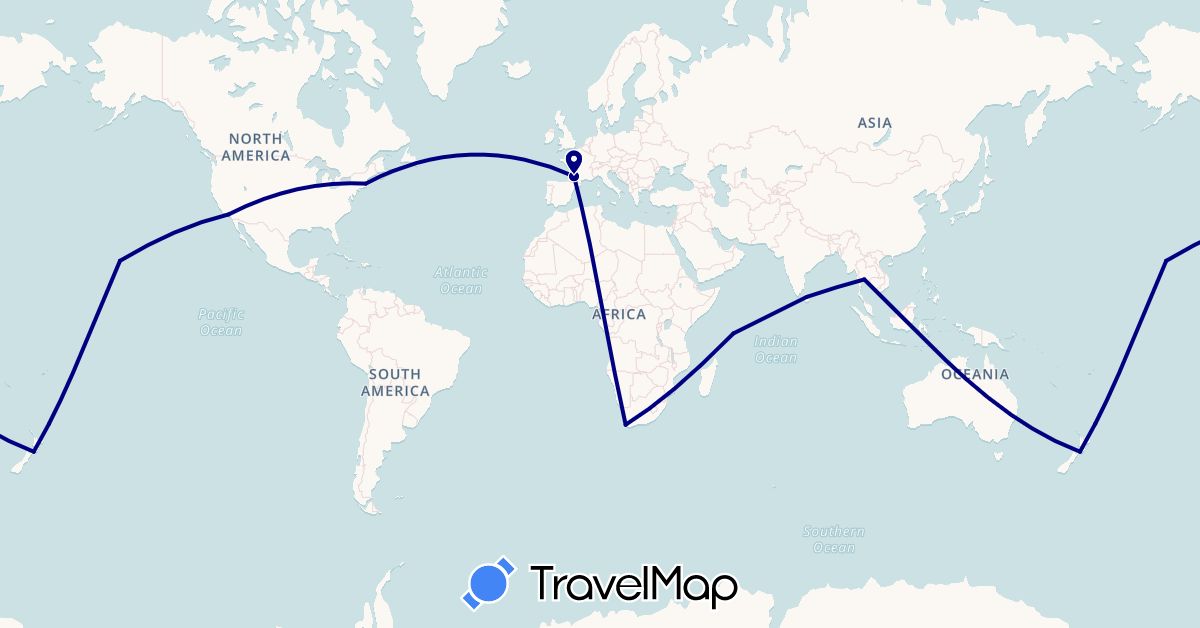 TravelMap itinerary: driving in France, Sri Lanka, New Zealand, Seychelles, Thailand, United States, South Africa (Africa, Asia, Europe, North America, Oceania)
